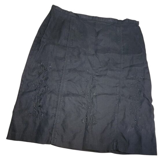 Black Floral Linen Skirt A-line Size 14 Embroidered Willi Smith Boho Knee Length - Picture 1 of 10